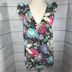 J.Crew Women's Floral Ruffle-Flutter Sleeveless Blouse Black Size 2